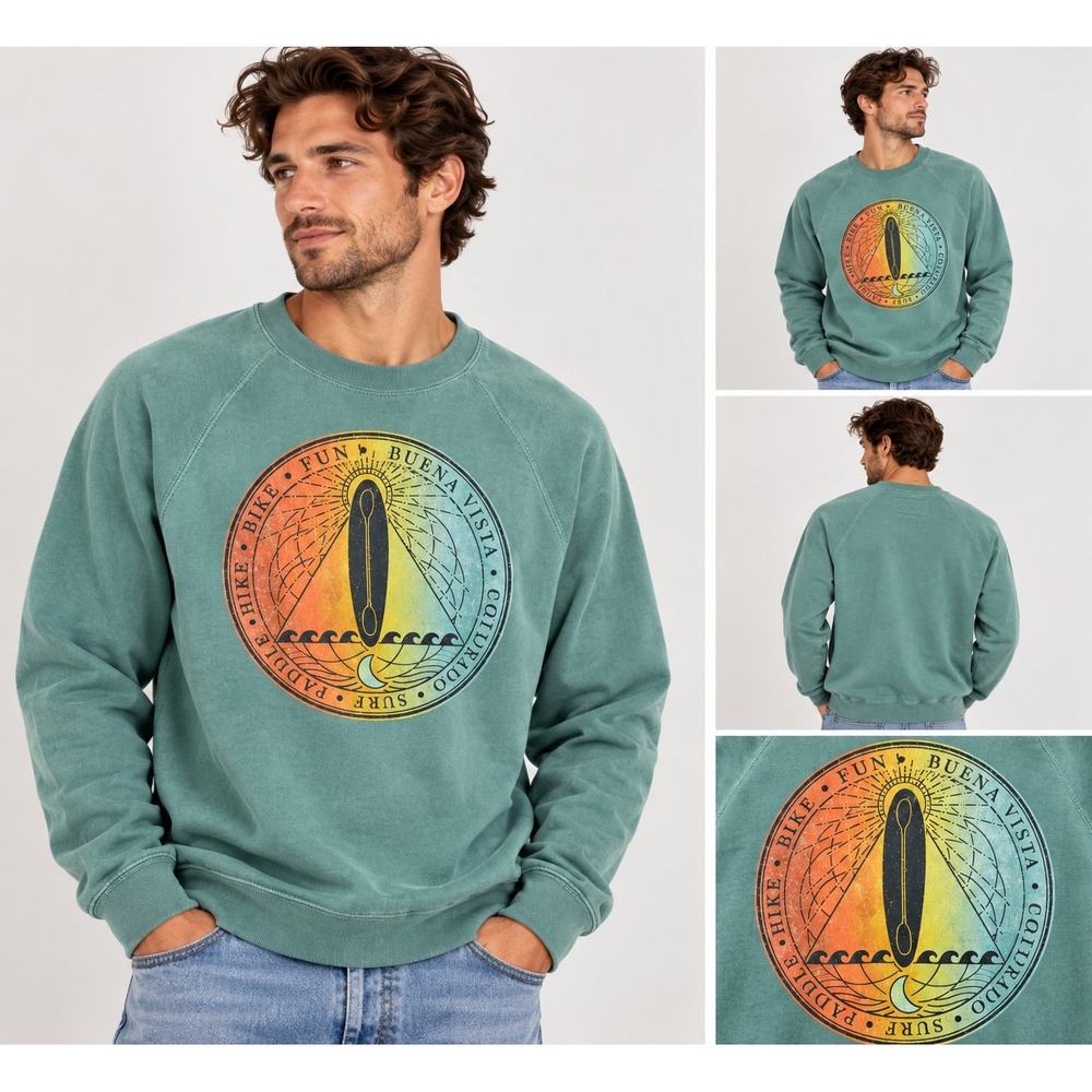 Techstyles Sweatshirt Mens S/M Green Buena Vista Colorado Graphic Hike Crewneck